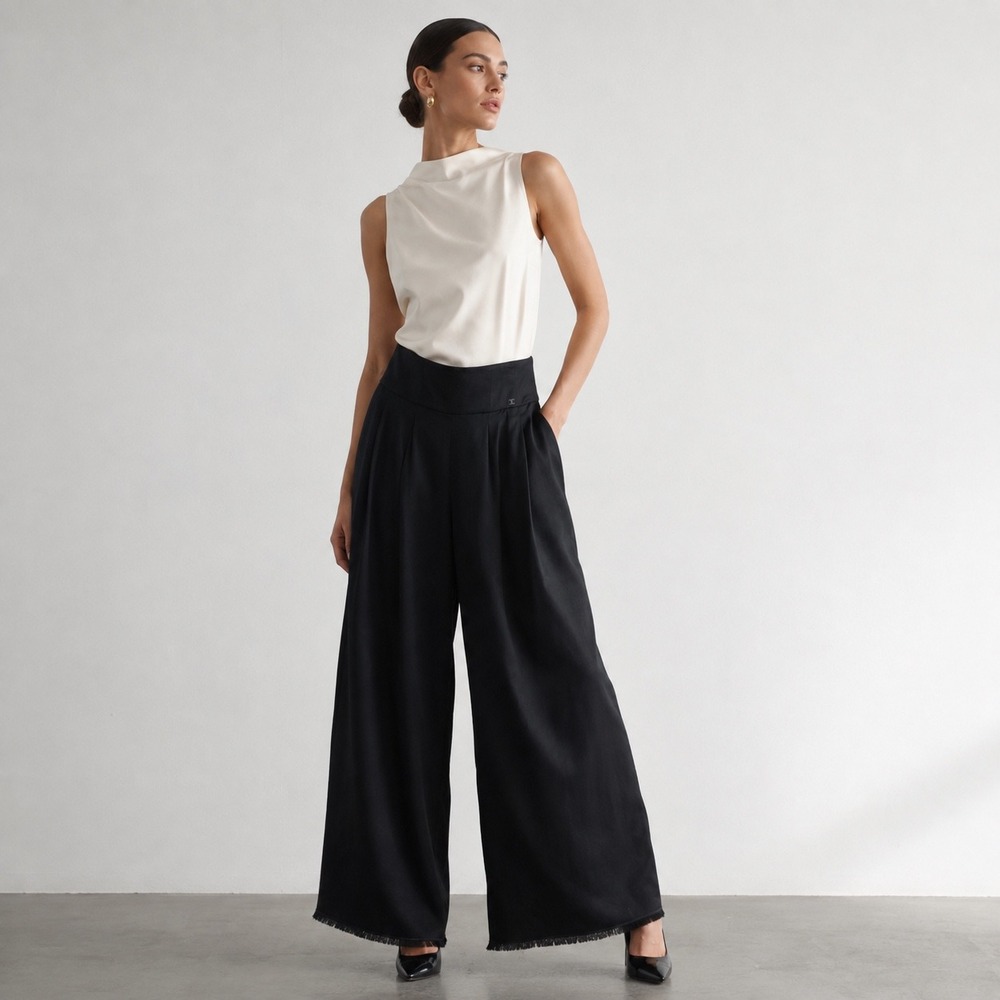 Chanel Wide Leg Pants Womens 42 Black High Waist Pleated Frayed Hem wool luxury
